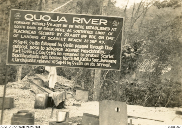 Sign posted at Quoja River, New Guinea, stating that the 2/13th ...