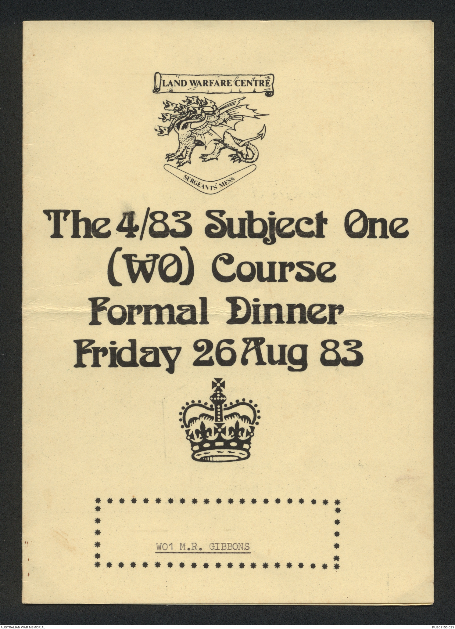 [Menu] Land Warfare Centre, WO course formal dinner | Australian War ...