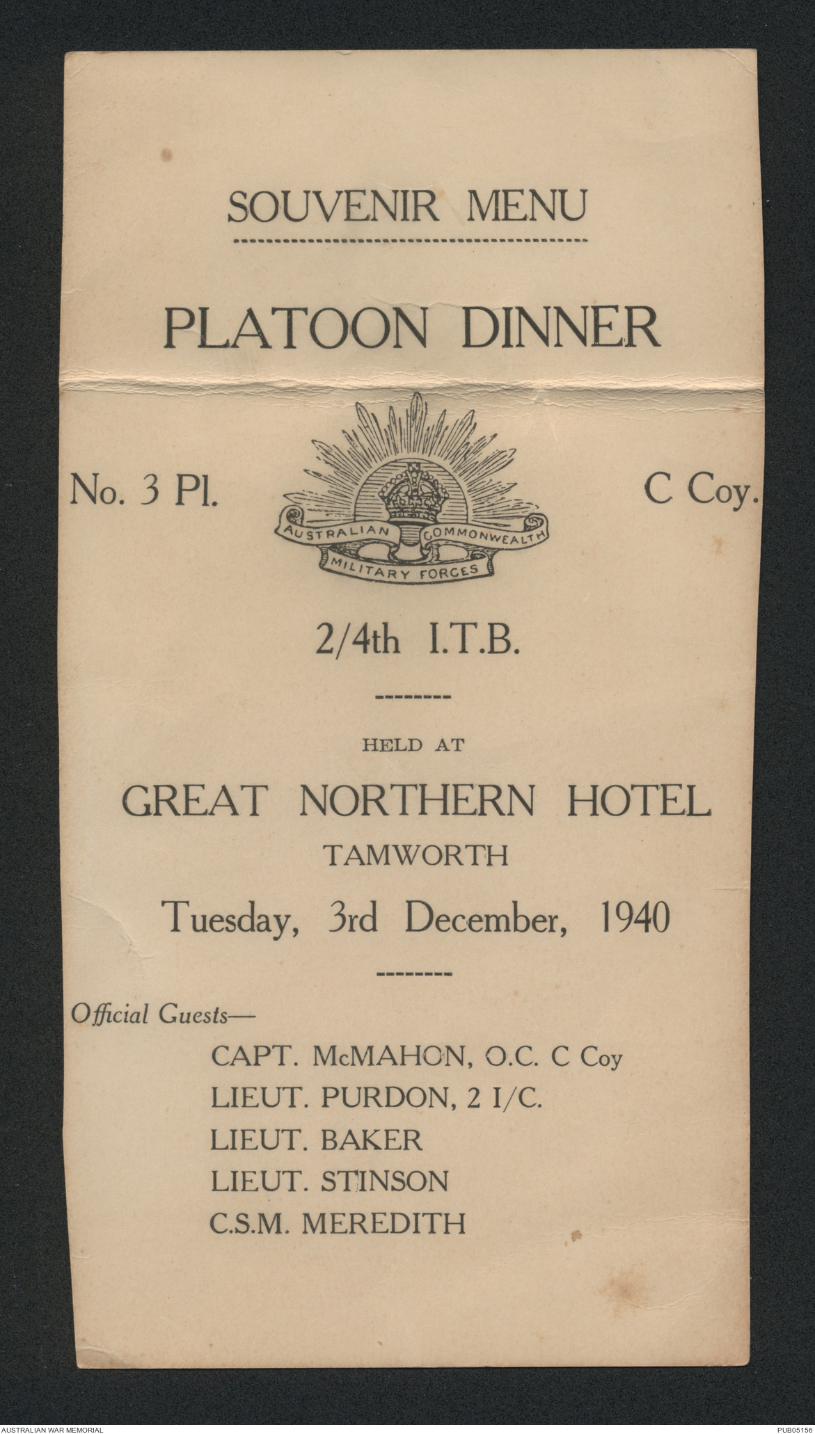 [Menu] 2/4th Infantry Training Battalion Dinner Menu | Australian War ...