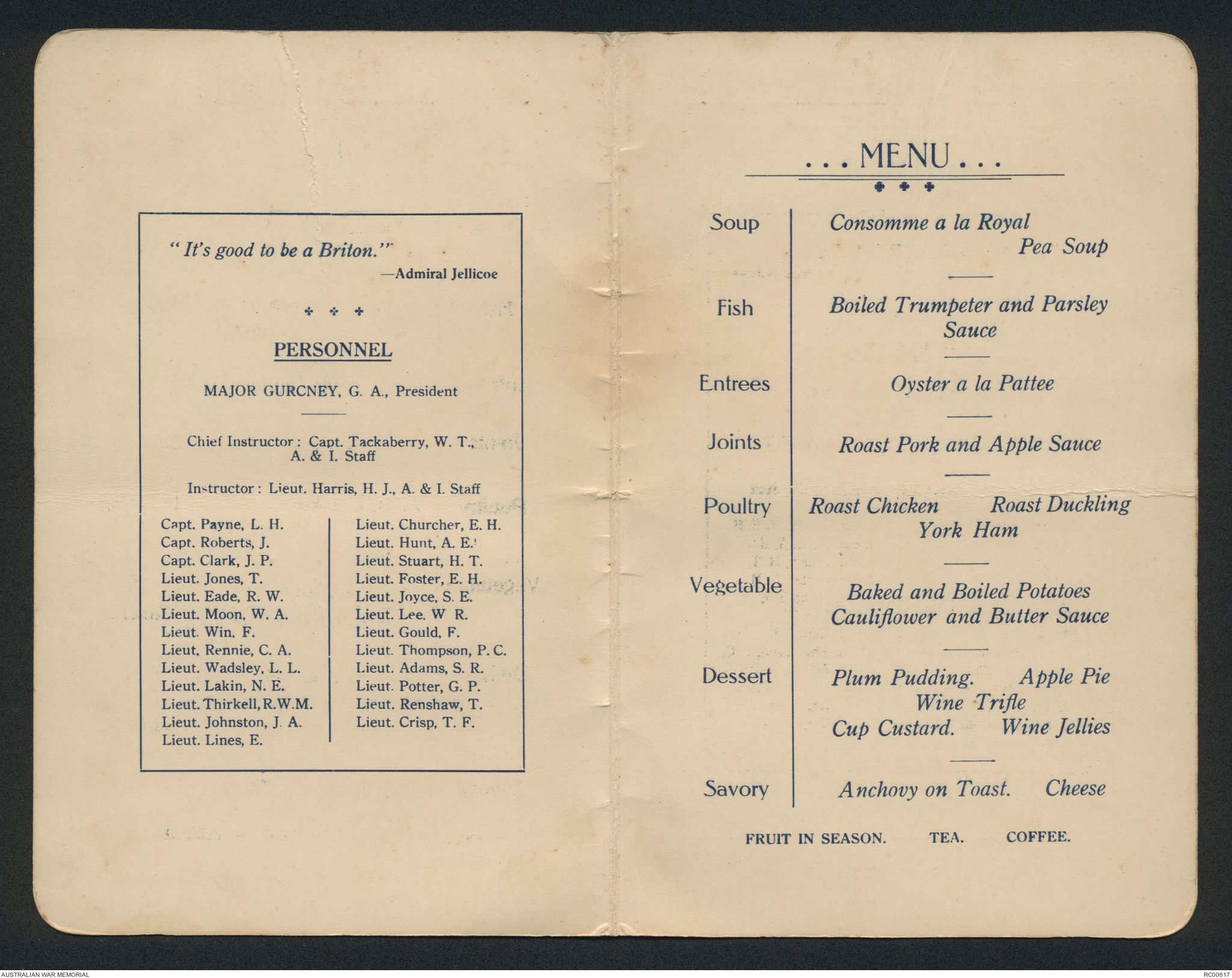 [Menu] Farewell Dinner to the Instructors of the No 1 Infantry school ...