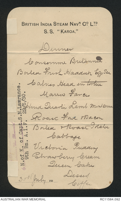 [Menu] S.S. Karoa. Handwritten menu | Australian War Memorial