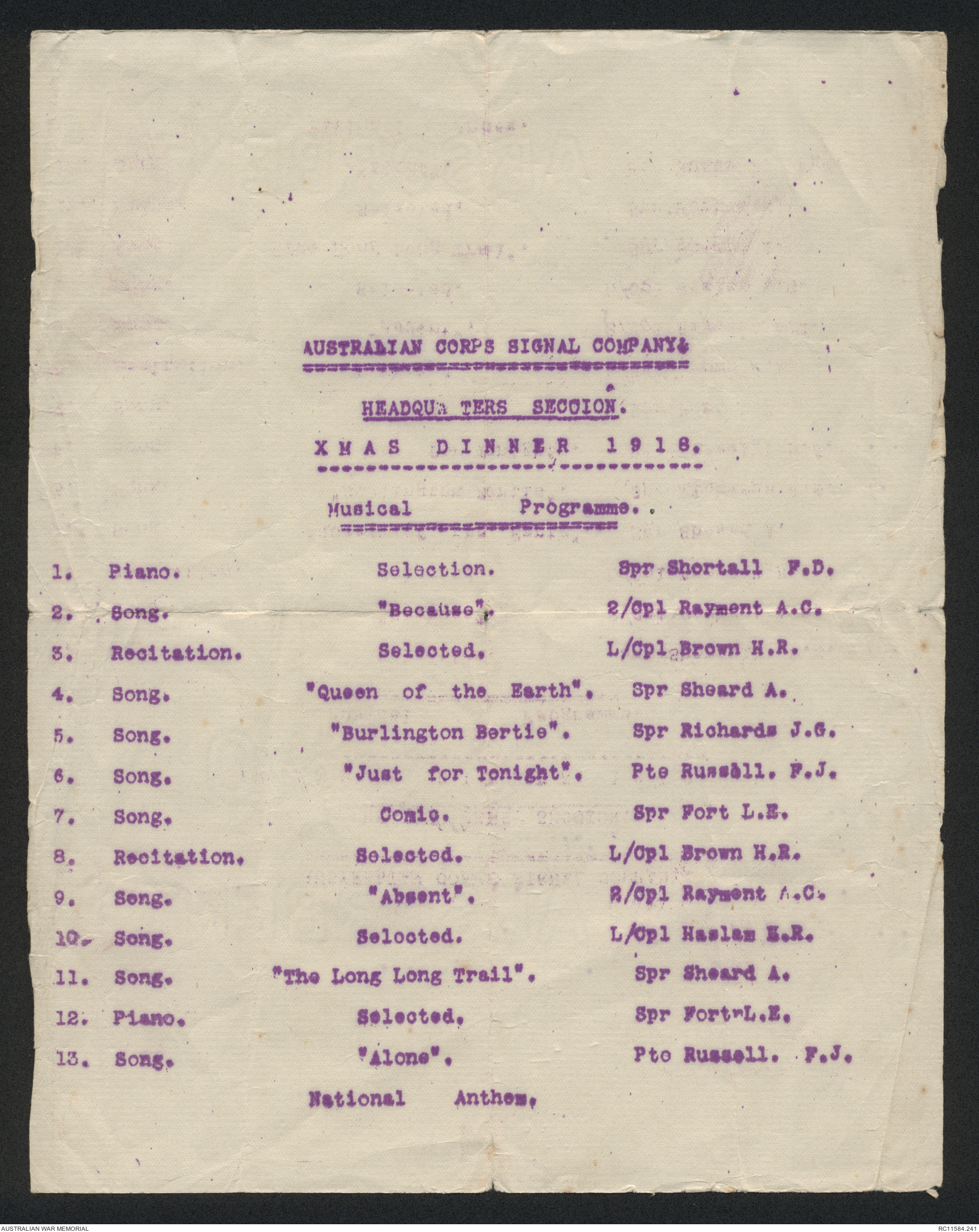 [Menu] Australian Corps Signal Company, headquarters section. Musical ...