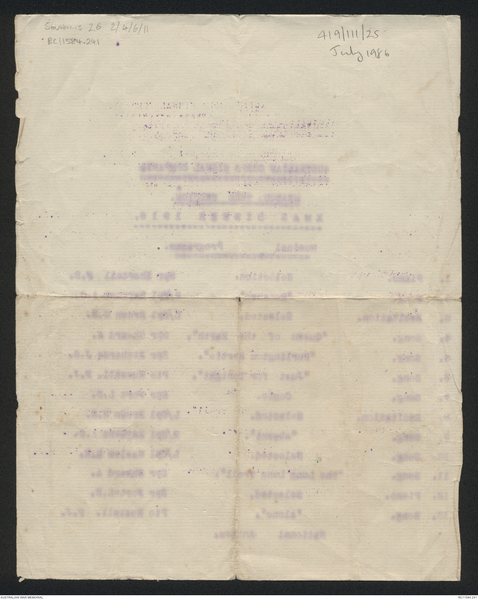 [Menu] Australian Corps Signal Company, headquarters section. Musical ...