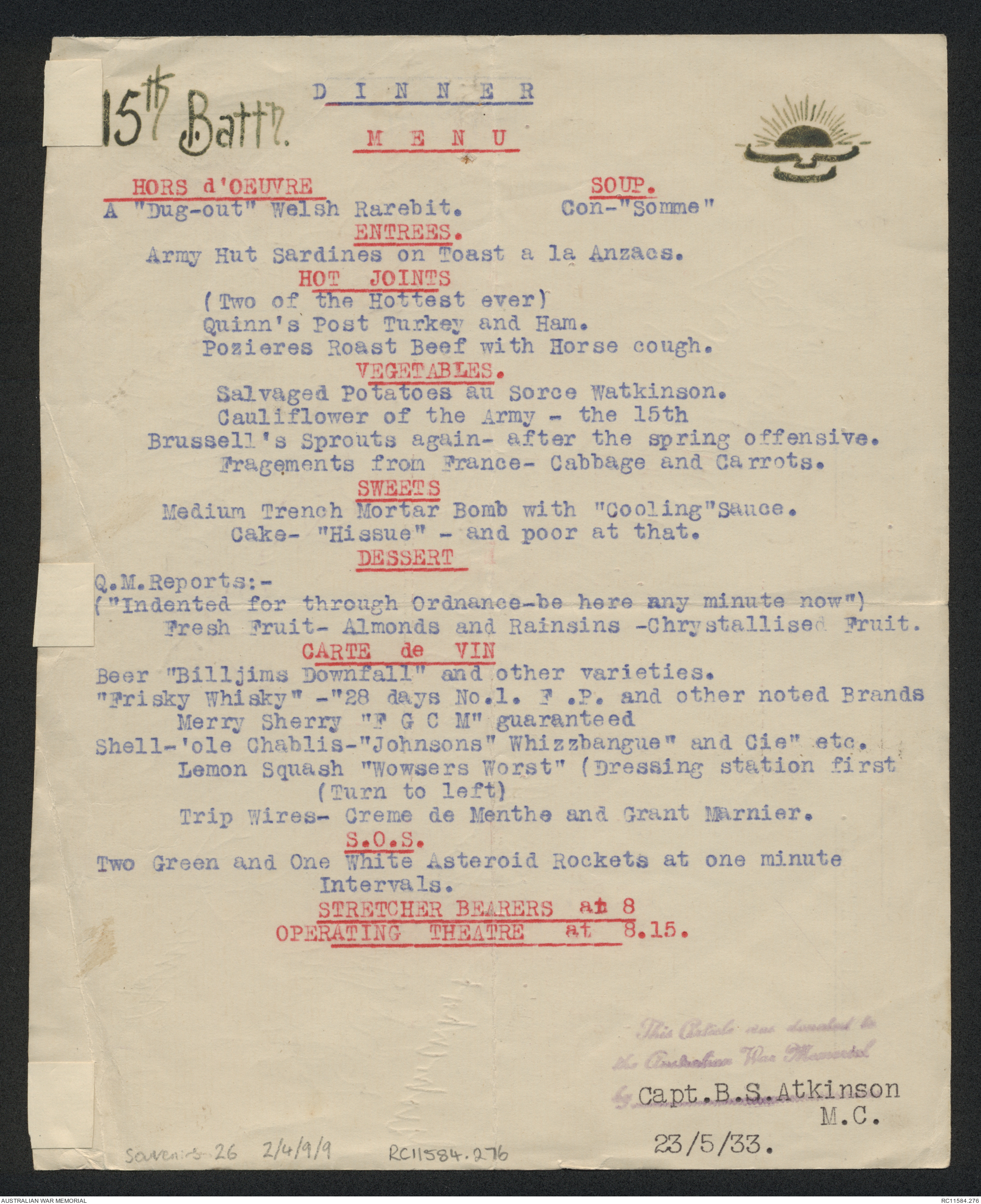 [Menu] 15th Battalion, Bazentin “A” camp. Novelty menu | Australian War ...