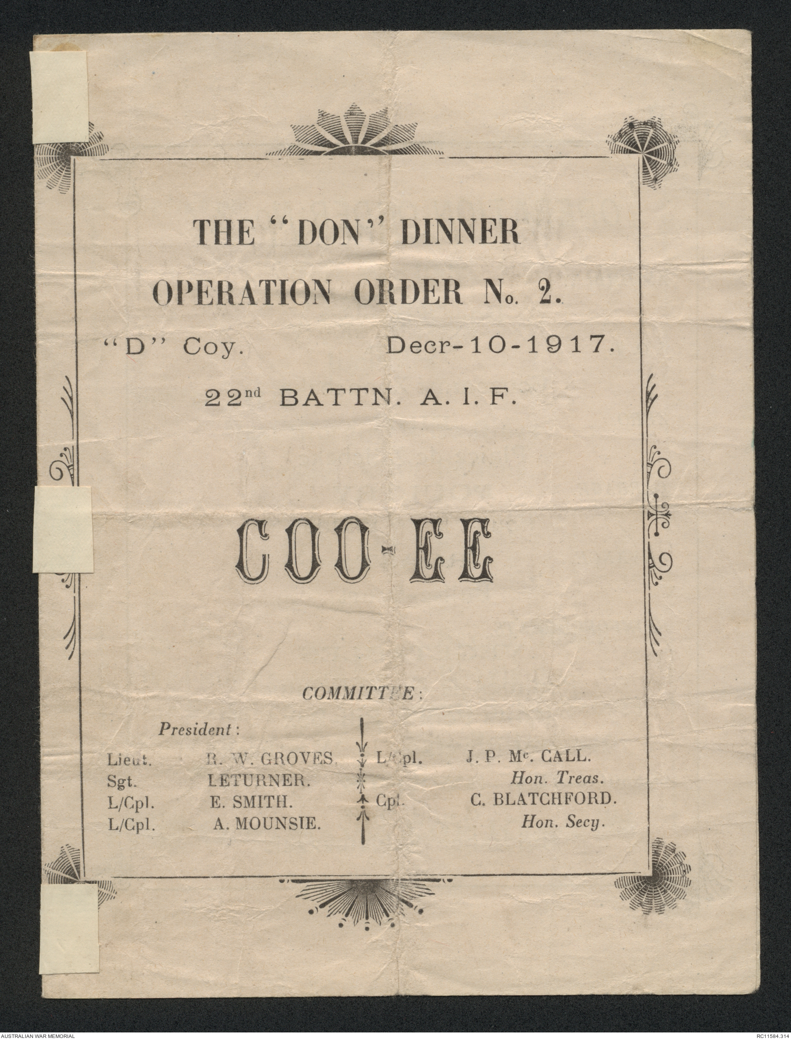 [Menu] The “Don” Dinner, Operation Order No. 2. “D” Company, 22nd ...
