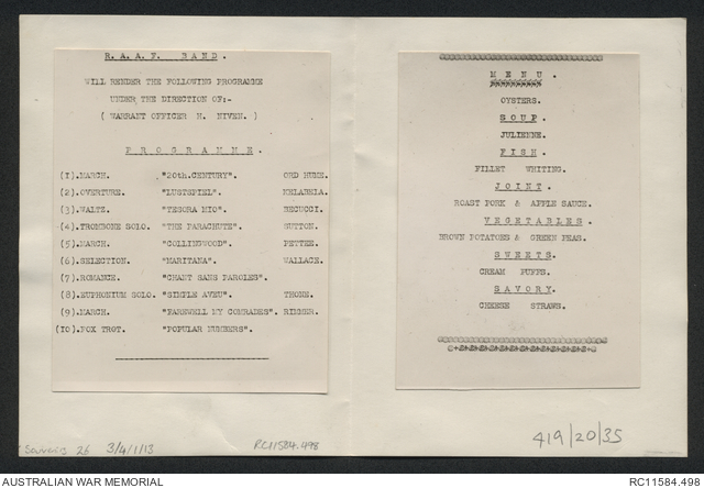 [Menu] Officers Mess, R.A.A.F., Point Cook | Australian War Memorial