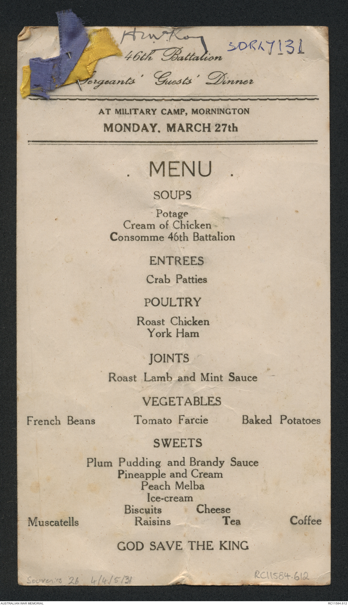 [Menu] 46th Battalion Sergeant’s Guests’ Dinner at Military Camp ...
