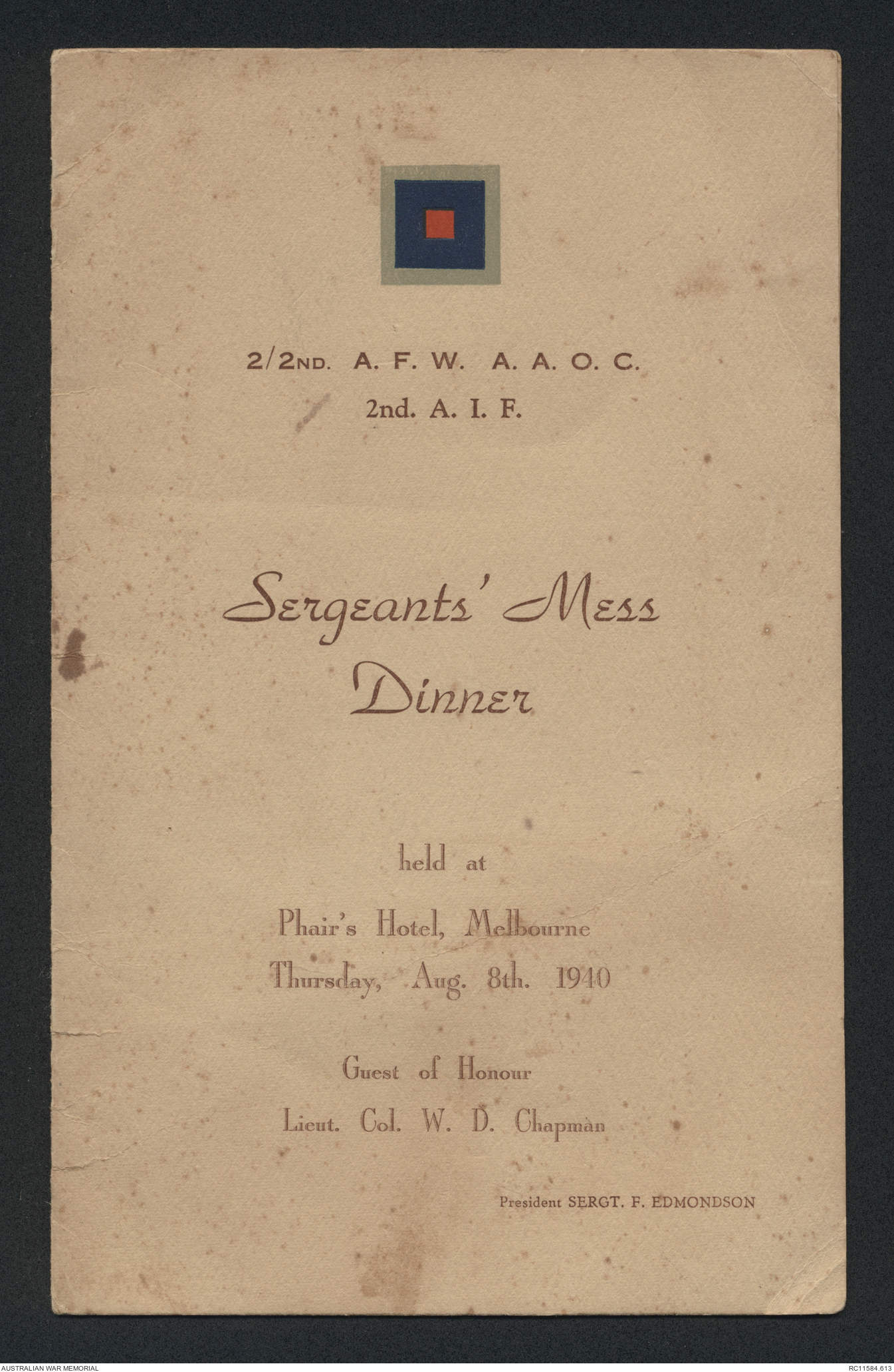 [Menu] 2/2nd A.F.W. A.A.O.C. (Australian Army Ordnance Corps), 2nd A.I ...