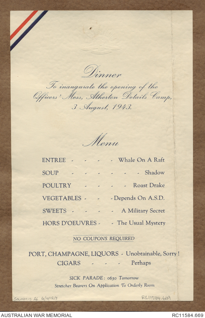 [Menu] Dinner to inaugurate the opening of the Officers’ Mess, Atherton ...