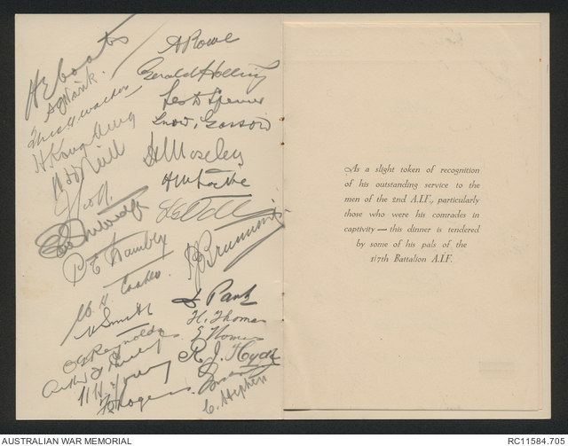 [Menu] Dinner tendered to Lt. Colonel A. E. Coates | Australian War ...