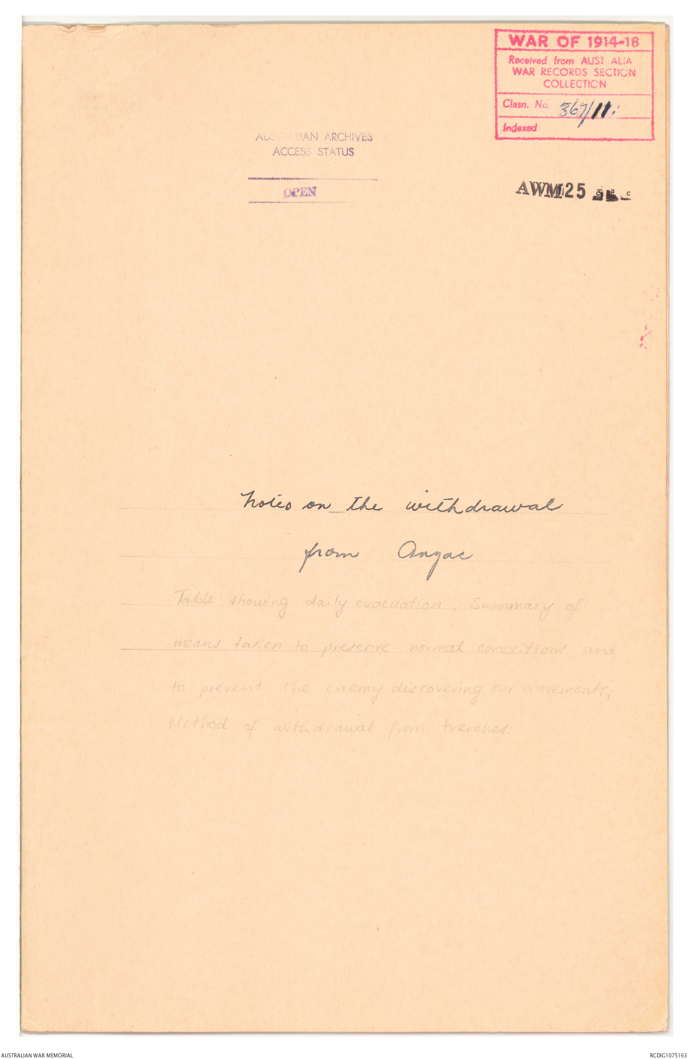 AWM25 367/11 - [Gallipoli] Notes on the withdrawal from Anzac. Table ...
