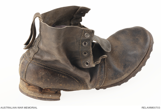 Bullet damaged German laced ankle boot, Model 1914, wooden heel ...