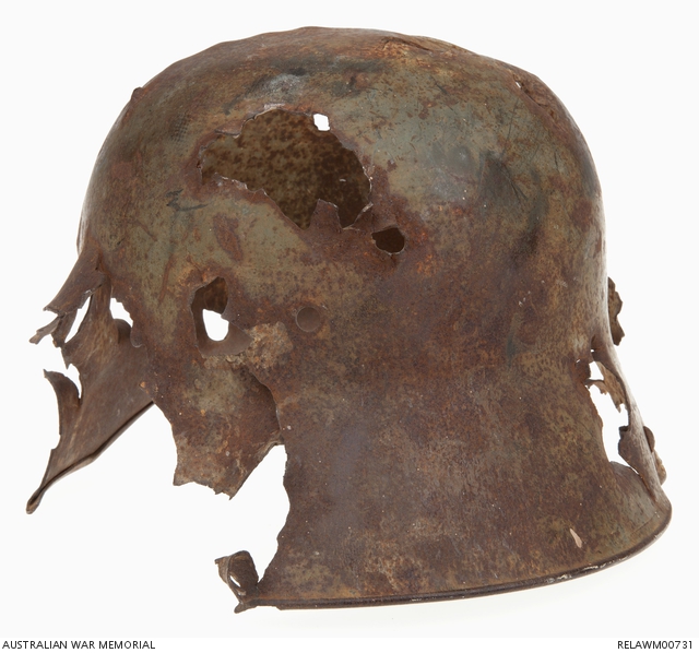 German Steel Helmet with Shrapnel, Villers Bretonneux | Australian War ...