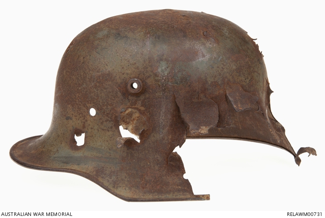 German Steel Helmet with Shrapnel, Villers Bretonneux | Australian War ...