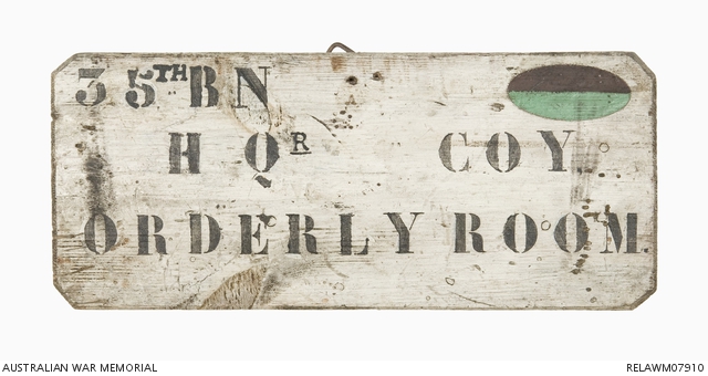 Orderly room sign board : 35 Battalion, AIF | Australian War Memorial