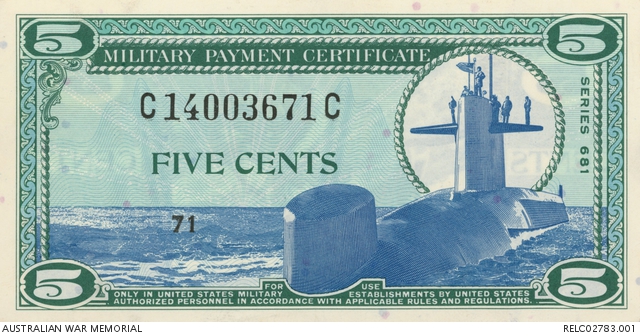 United States Military Payment Certificate 5 cent note: Private R J ...