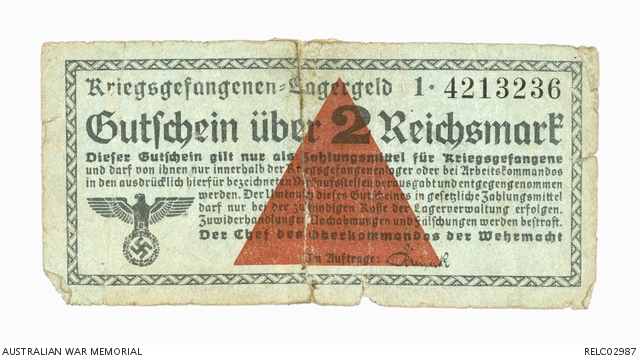 German POW camp voucher, 2 Reichsmark : Lieutenant J R Millett, 2