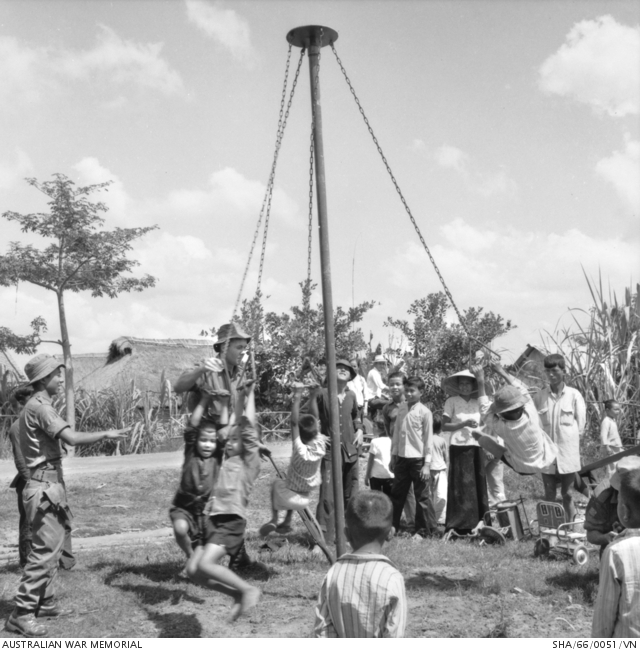 Vietnam. 1966-01-18. Children of the village of Ong Huong try out a ...