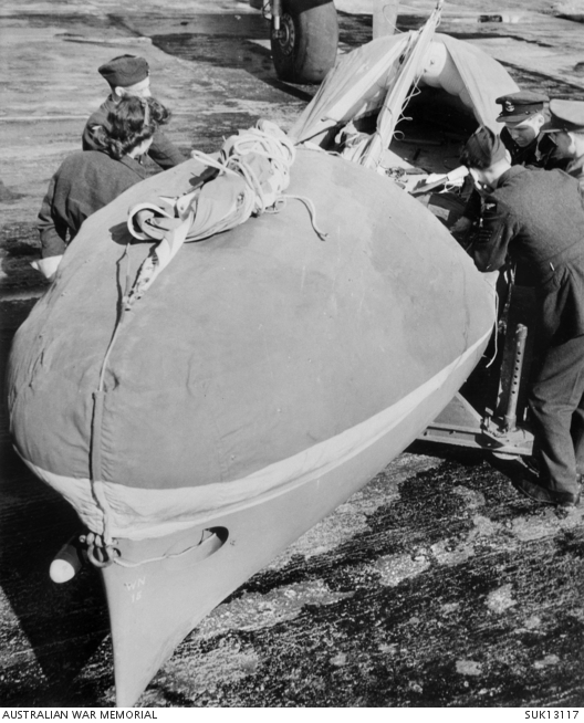 England. C. 194410. The airborne lifeboat, dropped by parachute, is a