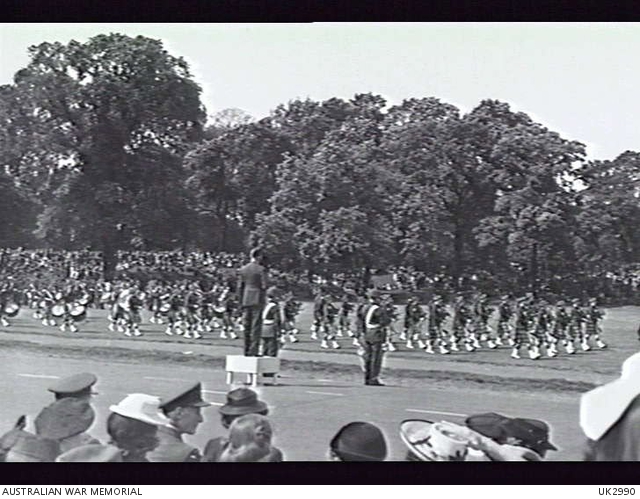 England. C. 1945-08. Massed bands taking part in the Air Training Corps ...