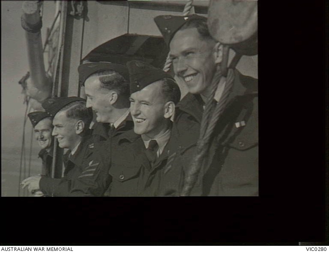 Melbourne, Vic. 1945-04-14. RAAF personnel on board the ship on which ...