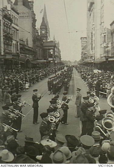 Melbourne, Vic. C. 1945-05-22. The RAAF Band (in foreground) leading ...