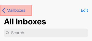 Screenshot of the header area of iPhone's email app with a bounding box around the "Mailboxes" back navigation link showing the touch target area