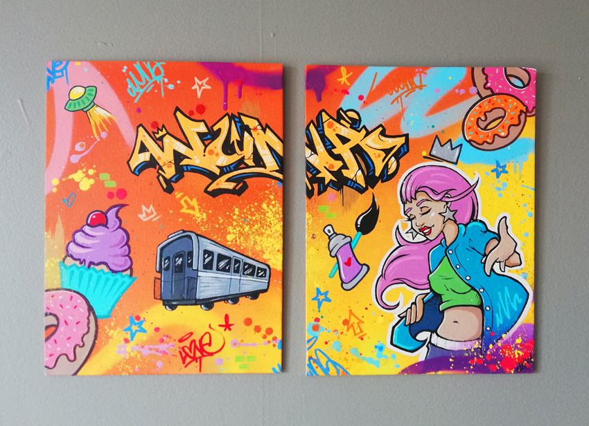 Diptych graffiti canvas by Wuna in Montreal