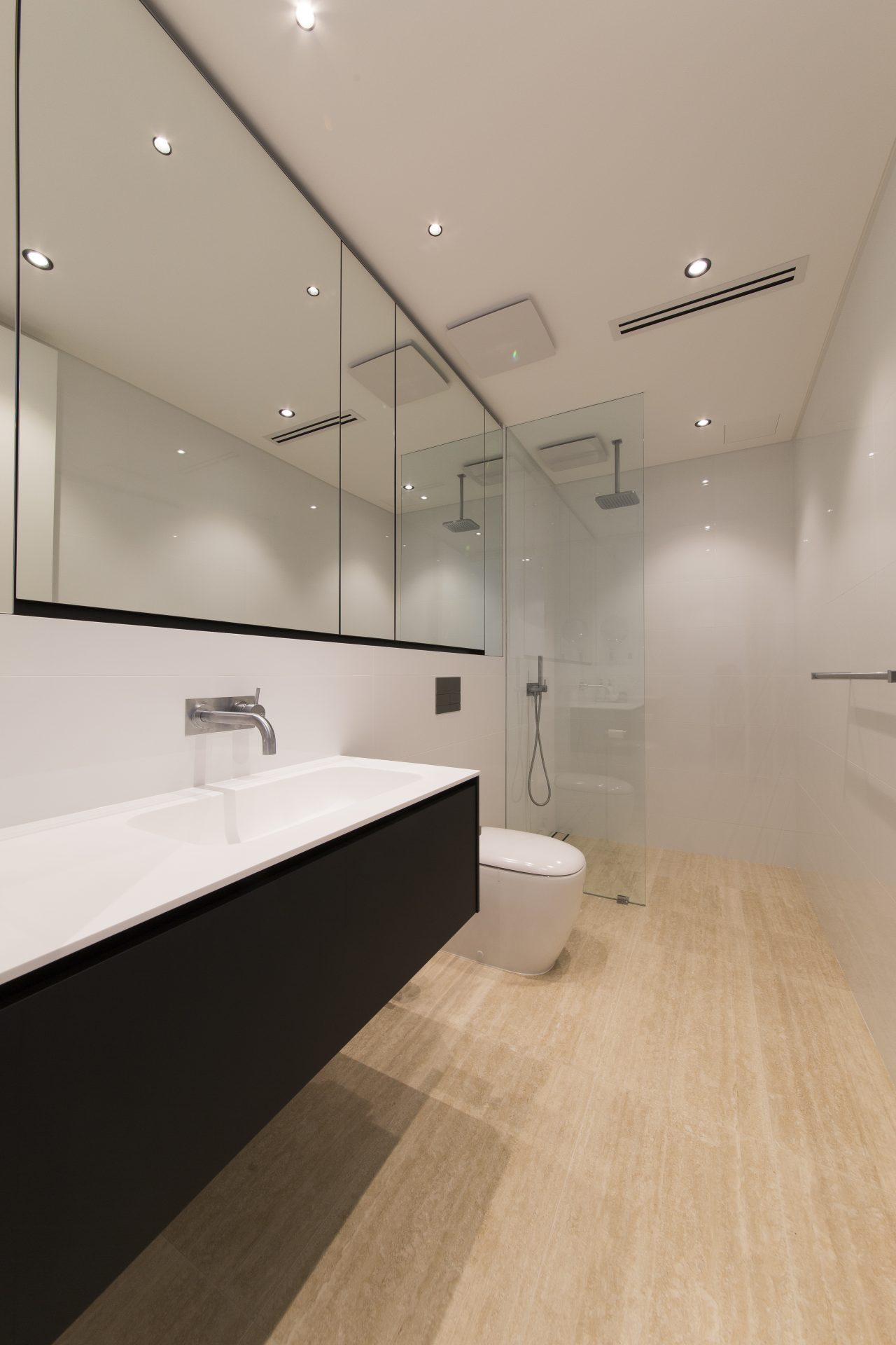 Floor-to-ceiling frameless shower screen in a contemporary bathroom.