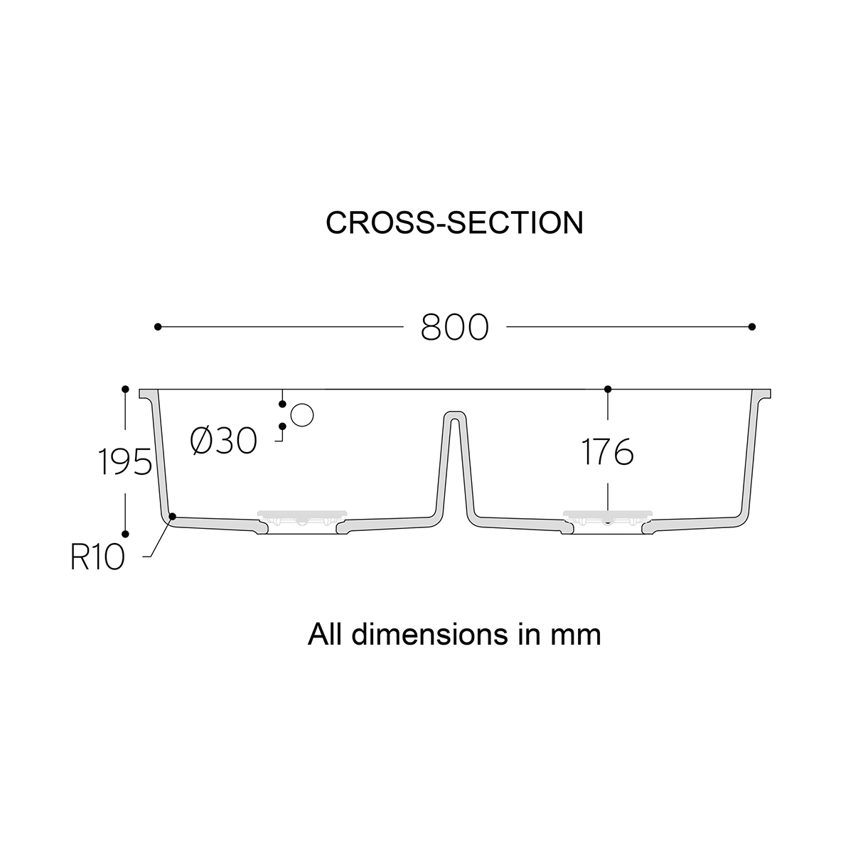 Corian® Salty basin double 9410 cross section spec