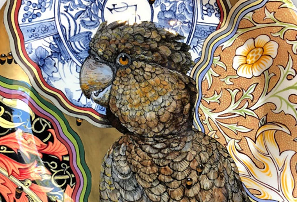 Stephen Bowers: Detail, Camouflage Series – Black Cockatoo 31cm diameter ceramic