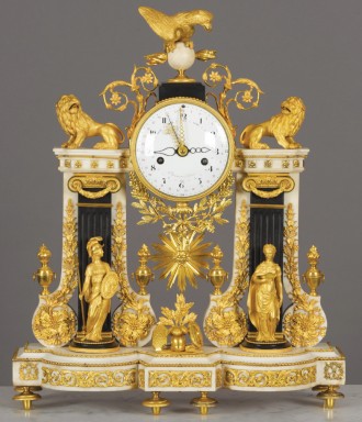 Pierre Robinet, Master Clockmaker 1776, Louis XVI, white marble with gilt bronze, with sculptures of strength and justice standing before two pilasters surmounted by two lions and an eagle perched on a globe above the dial, The David Roche Foundation House Museum and Gallery