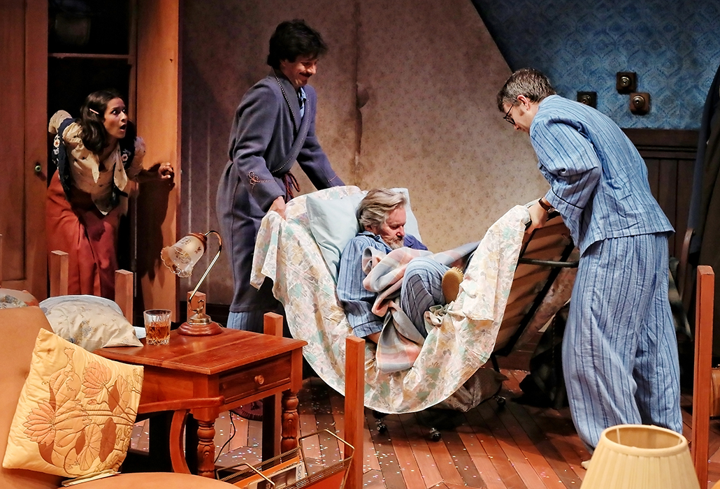 19 Emma Harvie, Simon London, Peter Kowitz and Drew Livingston in Taking Steps at Ensembel Theatre, creditPrudenceUpton_074