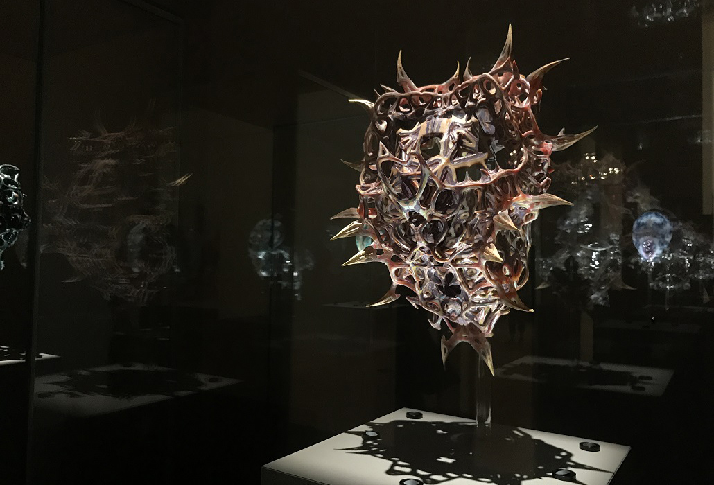 Installation view of Neri Oxman Vespers, Series 1 – 3, masks 1 – 5 2016 on display in NGV Triennial at NGV International, 2017. Photo: Belinda McDowall