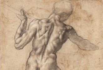 Michelangelo Buonarroti (Italian, 1475–1564). Study of the Torso of a Male Nude Seen from the Back. Black chalk, with lead-white gouache highlights. Albertina, Vienna (123)