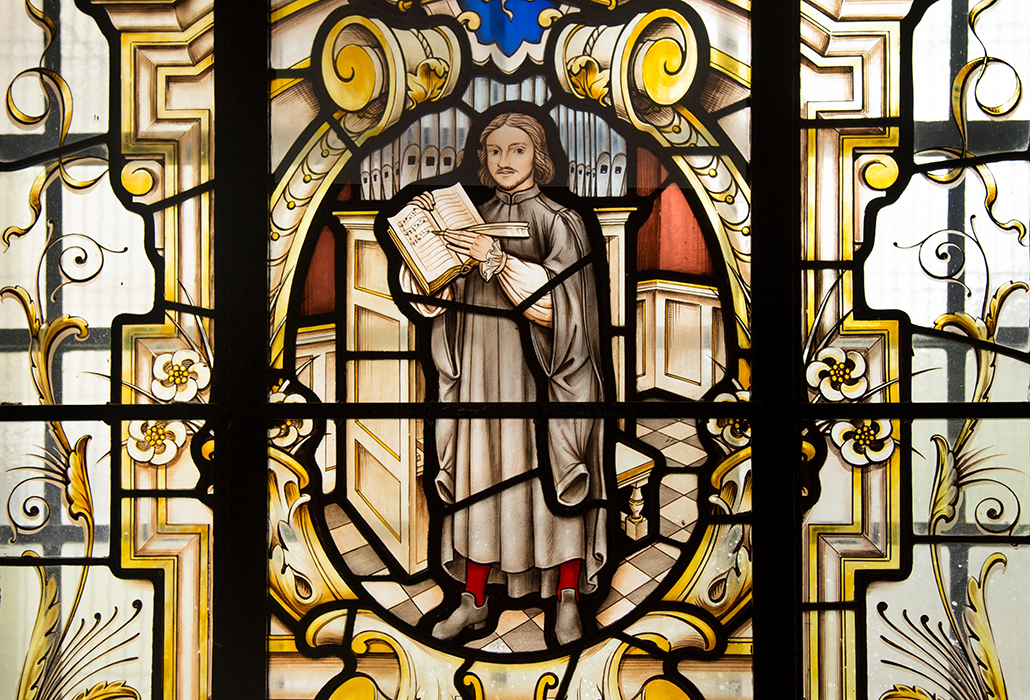Thomas Tallis, composer of English choral music, depicted in stained glass window at St Alfege church, Greenwich, London.