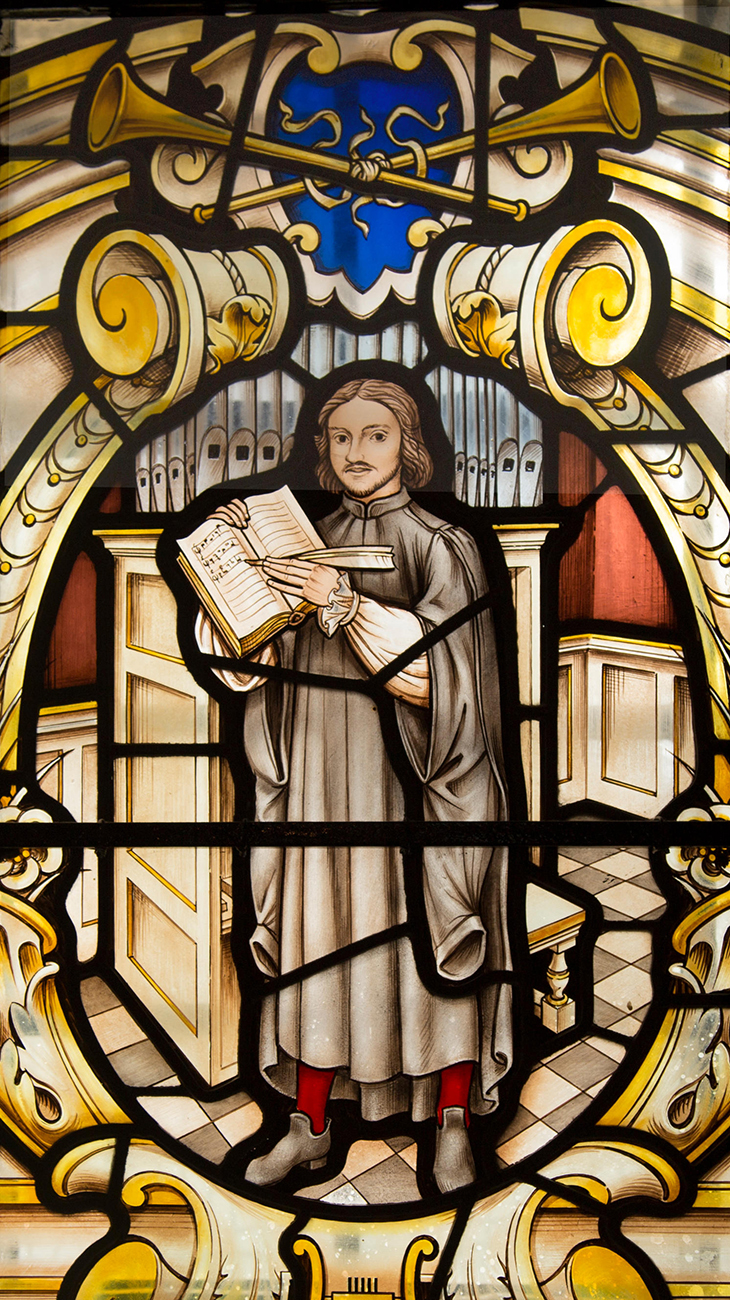 Detail Thomas Tallis, composer of English choral music, depicted in stained glass window at St Alfege church, Greenwich, London
