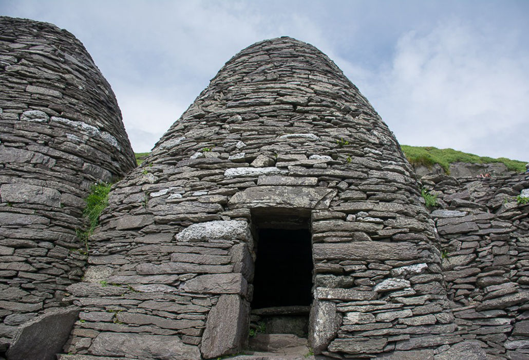 Beehive huts on the island of Skellig Michael, in the Irish Sea