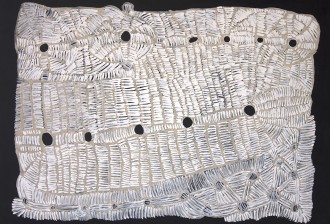 Doris Bush Nungarrayi, Papa Tjukurrpa - Nyumannu, 122 x 91cm, 2017. Featured at “Papunya Tjupi Arts 2018” exhibition, Sydney, presented by Honey Ant Gallery.
