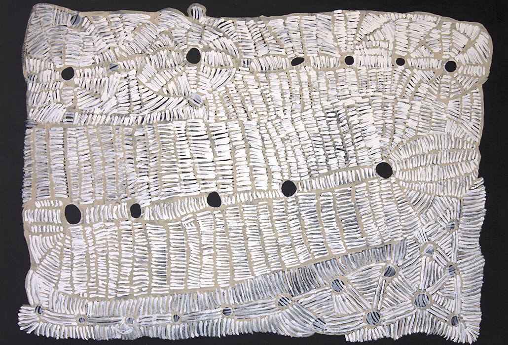 Doris Bush Nungarrayi, Papa Tjukurrpa - Nyumannu, 122 x 91cm, 2017. Featured at “Papunya Tjupi Arts 2018” exhibition, Sydney, presented by Honey Ant Gallery.