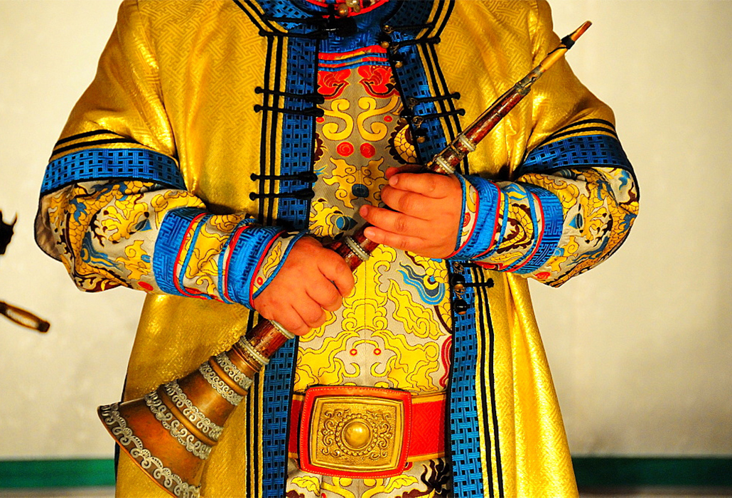 ceremonial instrument and dress for traditional concert in Ulaanbaatar, Mongolia