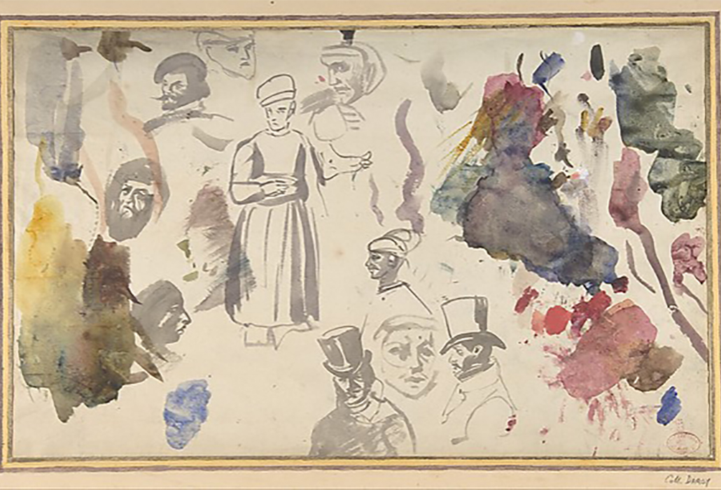 Studies of male heads and a standing male figure, Eugéne Delacroix (French, Charenton-Saint-Maurice 1798–1863 Paris) Brush and gray wash, watercolor on laid paper, 21.6 x 35.2 cm, Bequest of Harry G. Sperling, 1971, courtesy The Metropolitan Museum of Art, New York