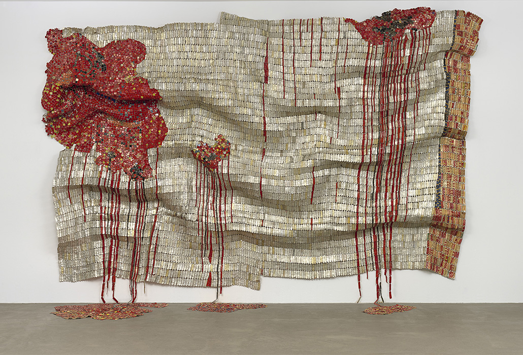 El Anatsui Ghanaian born 1944 Bleeding Takari II 2007 aluminium and copper wire 393.7 x 576.6 cm The Museum of Modern Art, New York Gift of Donald L. Bryant, Jr. and Jerry Speyer, 2008 © El Anatsui. Courtesy of the artist and Jack Shainman Gallery, New York
