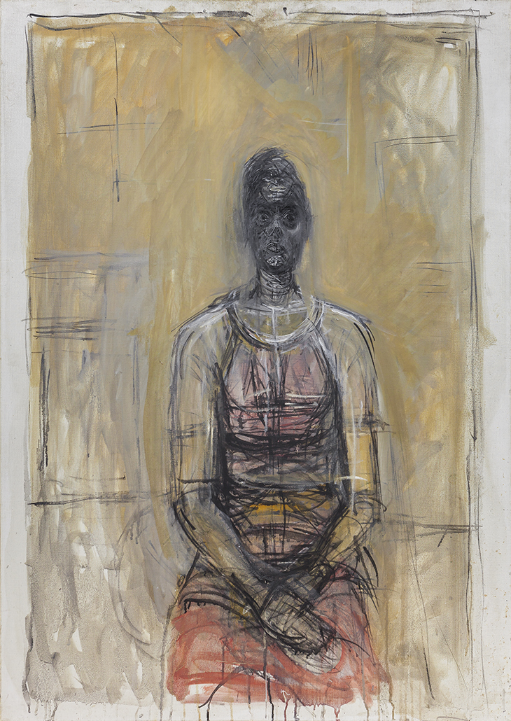 Alberto Giacometti, Caroline in a Red Dress (Caroline avec une robe rouge), ca. 1964–65, Oil on canvas, 92.3 x 65.4 cm, Fondation Giacometti, Paris © 2018 Alberto Giacometti Estate/Licensed by VAGA and ARS, New York