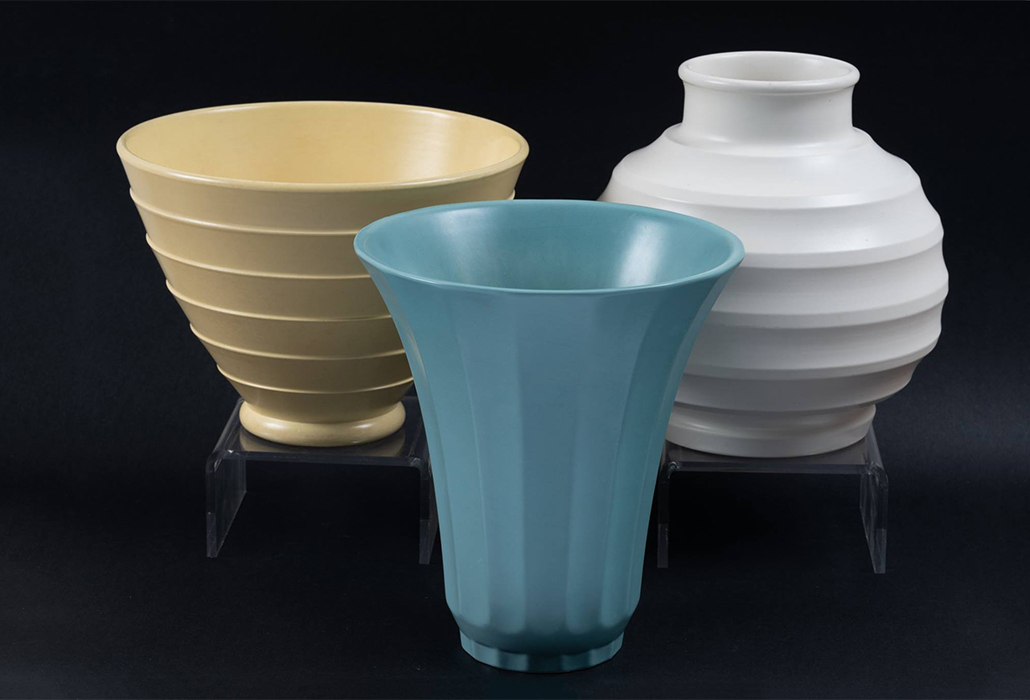 Wedgwood Keith Murray vases, c 1930, three unique colours - Matt Green, Matt Straw & Moonstone, courtesy Alan Landis Antiques