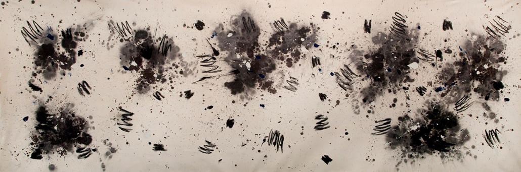 David Rankin: Passage even dreaming, 2017, Acrylic & charcoal on canvas, 152.5 x 457cm Exhibited: David Rankin: Lohan – leaving, Mossgreen Gallery, 16 August – 2 September, 2017