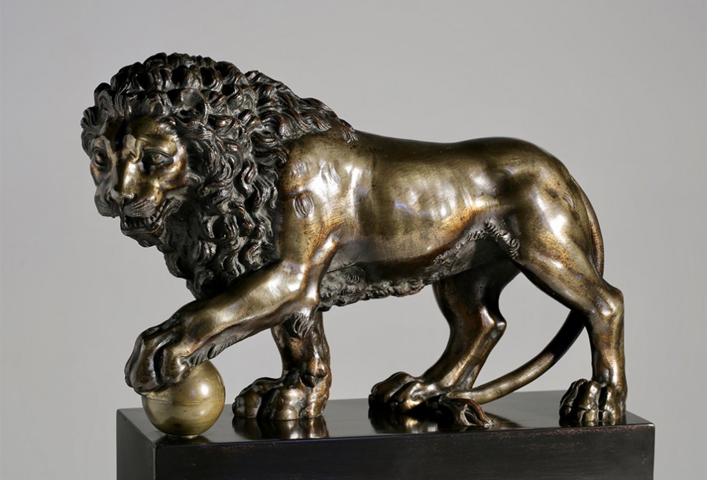 Medici type bronze lion: An early 19th century Italian bronze lion, after the marble version carved circa 1594 by Flaminio Vacca for the Medici Villa in Rome, itself a companion to the Ancient Roman version in the Medici collection from the 1st or 2nd century AD. This particular example very well modelled and with a beautiful patina including traces of the original lacquer and a lovely strong presence. On a modern ebonised wooden plinth. Circa 1820. 33cm long (34cm with plinth) courtesy Brans Antiques & Art