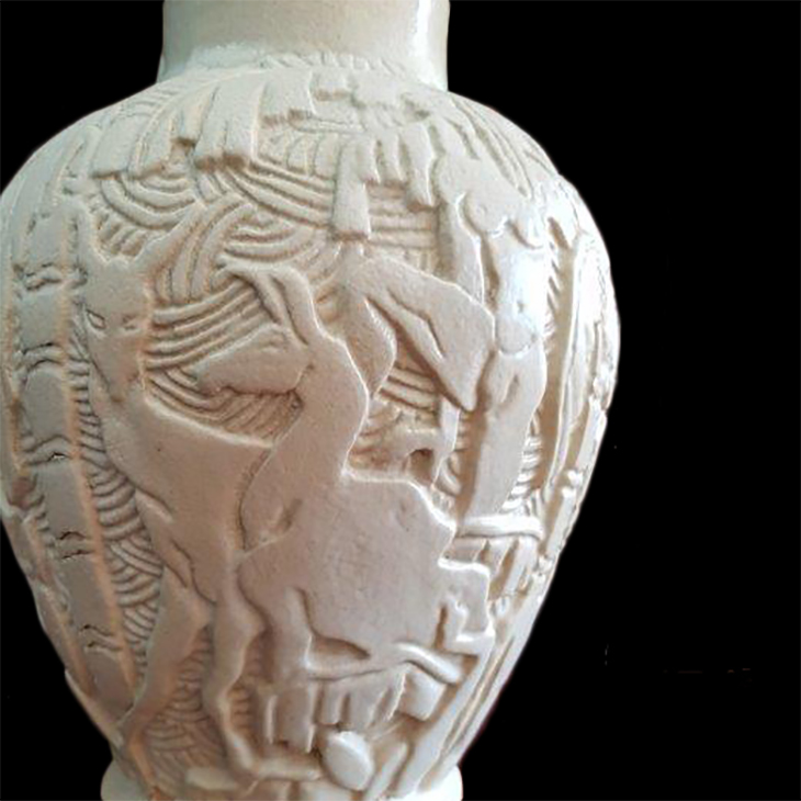 Sainthill Loudon c. 1936 Australian pottery vase, Melbourne made, glazed earthenware, wheel thrown and incised modernist Motifs. 28cm tall. Similar examples in NGA Loudon Sainthill was a renowned Australian artist and stage and costume designer. He worked predominantly in the United Kingdom. Born: 9 January 1918 Died: 9 June 1969. Awards: Tony Award for Best Costume Design