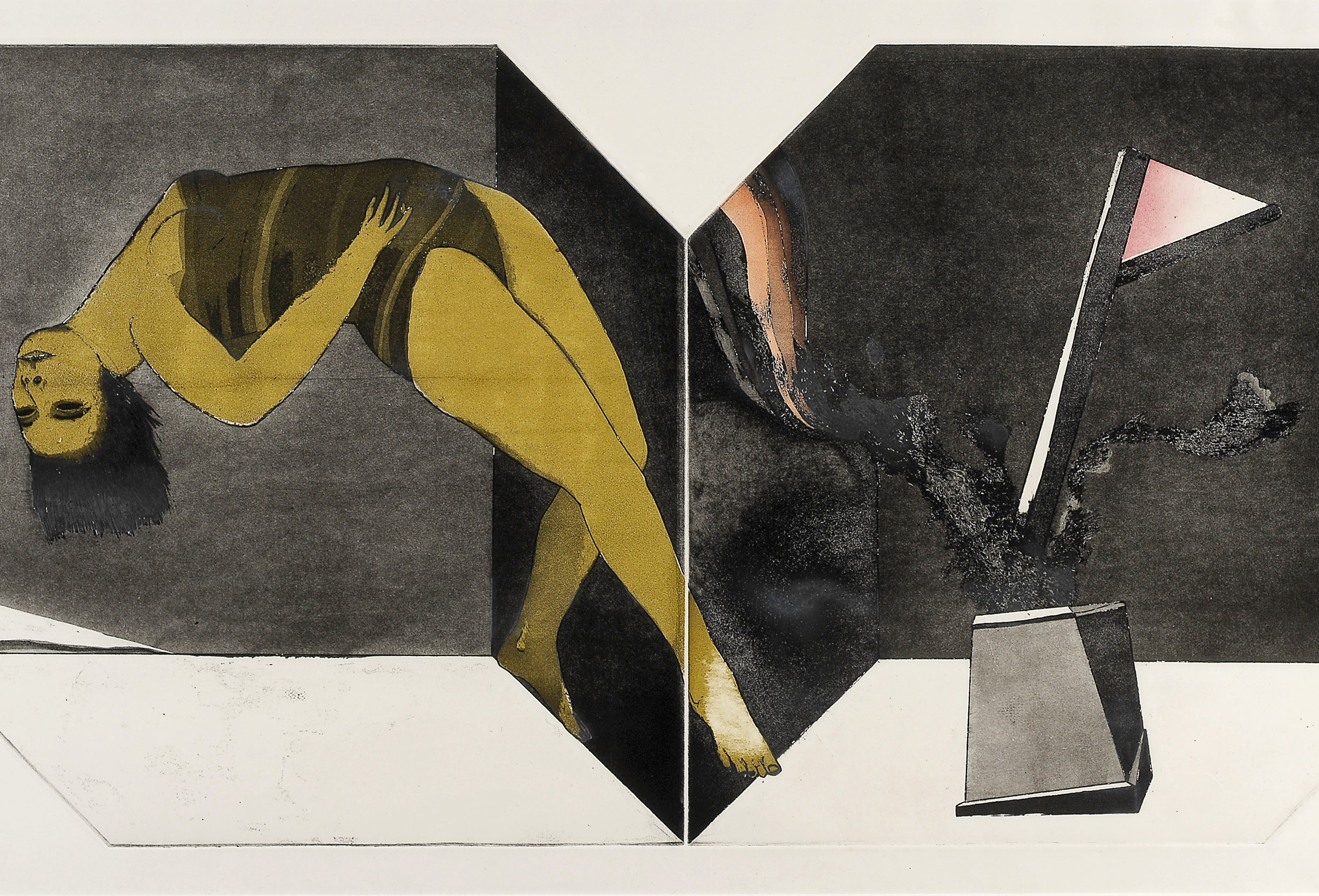 George Baldessin Performance (Variation 2) 1971 etching, aquatint and colour stencil 53.0 x 101.0 cm (image and plate), 63.5 x 111.5 cm (sheet) Private collection, Melbourne © The Estate of George Baldessin