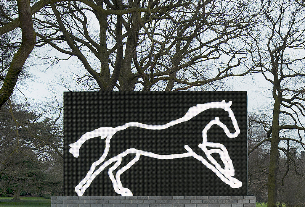 Julian Opie, detail: Galloping horse. 2012 LED double sided monolith 206.0 x 364.0 x 40.0 cm Yorkshire Sculpture Park © Julian Opie